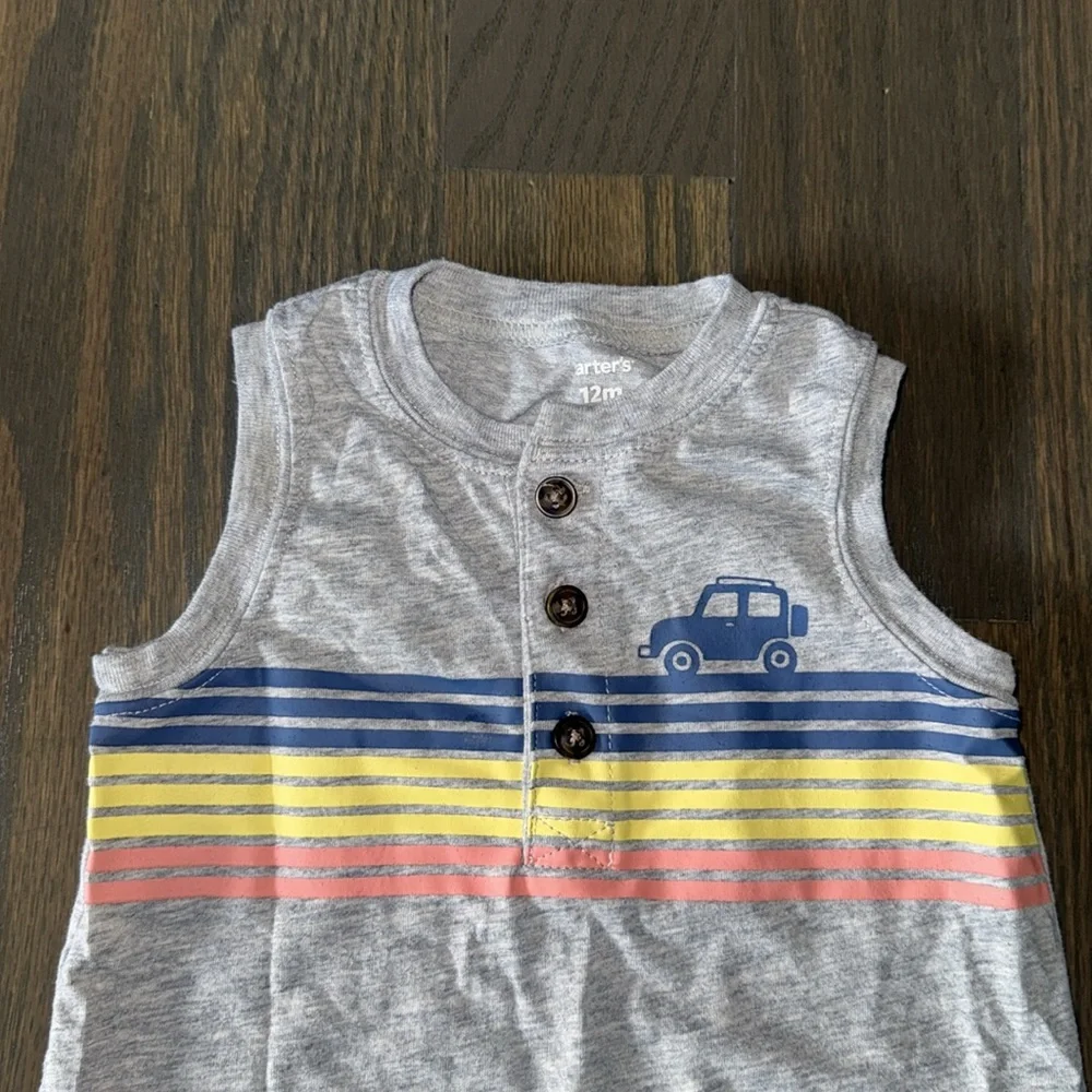 Carter's Henley Striped Car Sleeveless Romper | 12 M